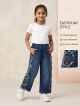 Girls Navy Blue Elastic Waist Casual Pants with Side Lace Detail.