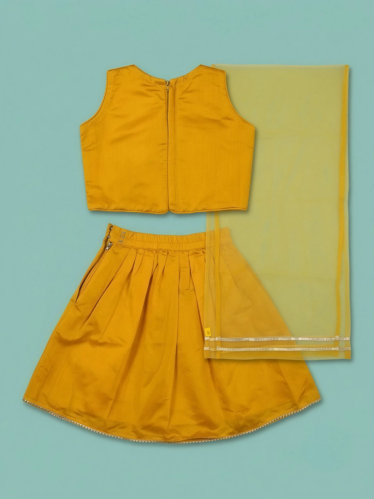 Girls Yellow Printed Lehenga Choli Set.