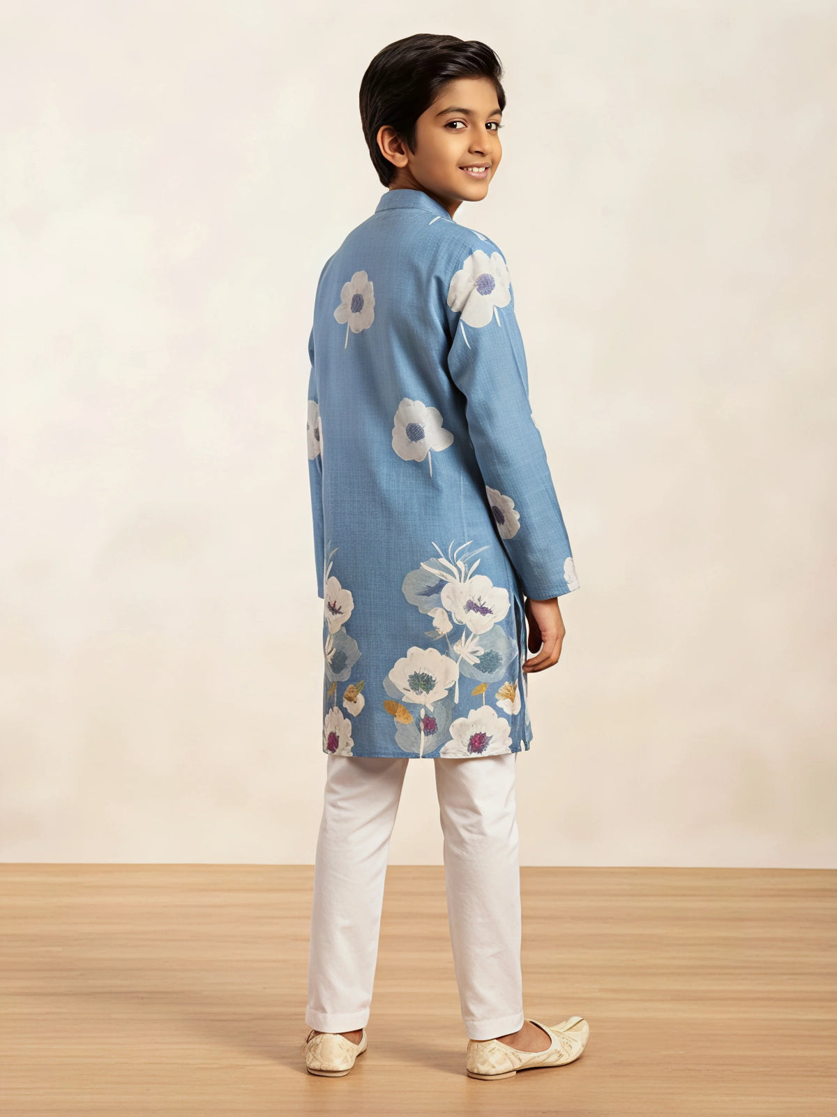 Light Blue Floral Print Kurta Pajama Set for Boys