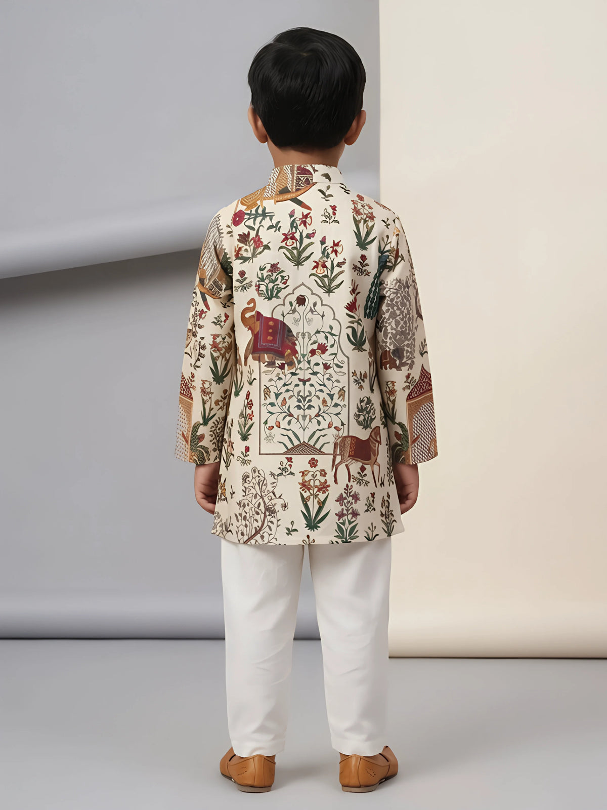 Boys Cream Floral & Animal Print Kurta Set