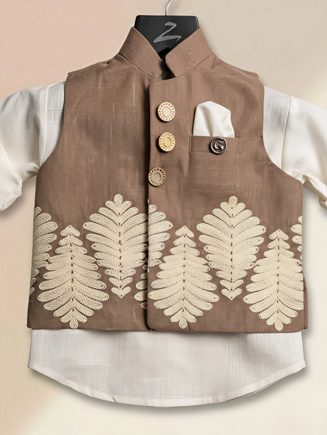 Boys Brown Embroidered Waistcoat with Trousers & Shirt Set