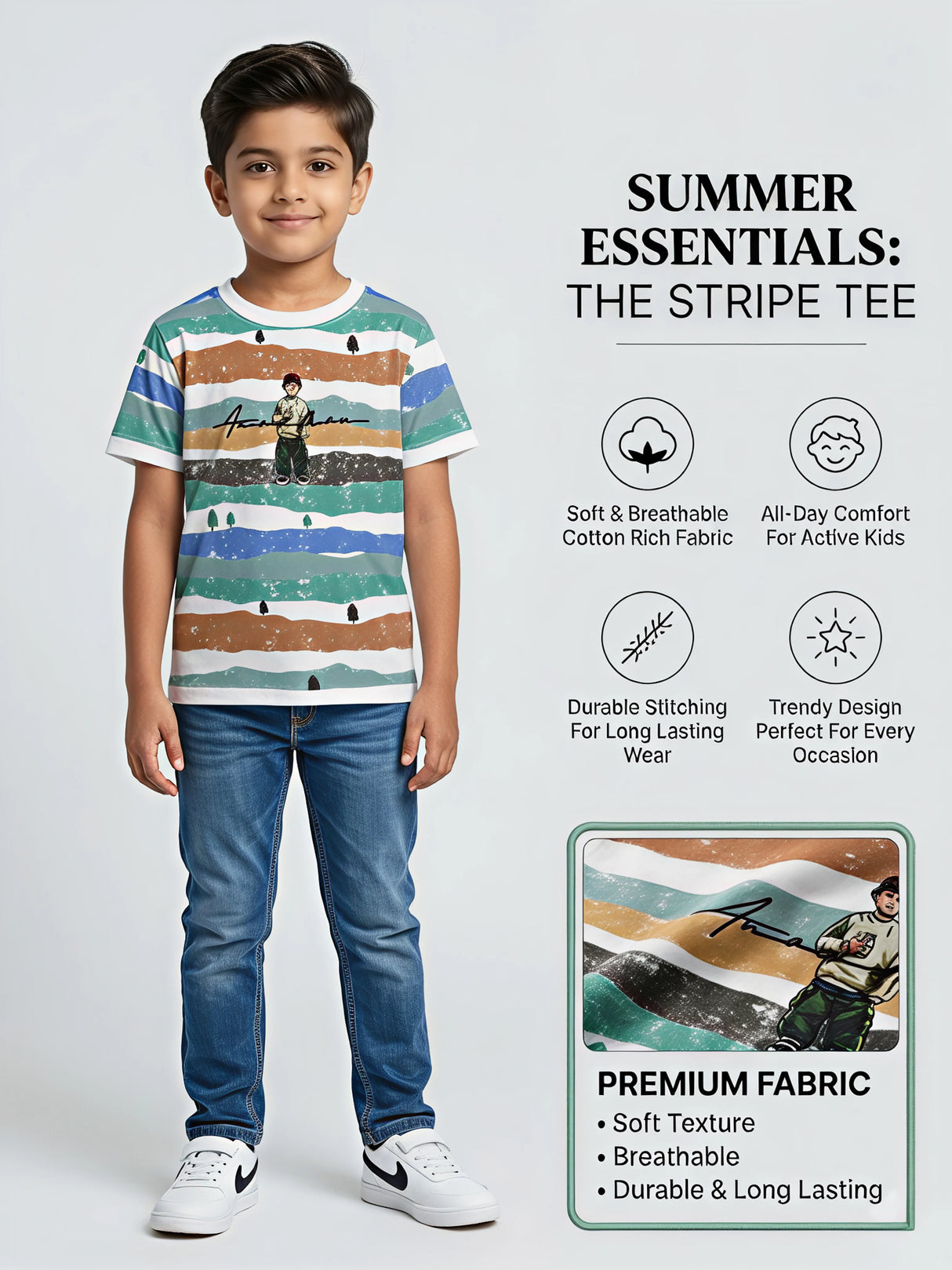 Boys White Multi-Color Striped Graphic T-Shirt
