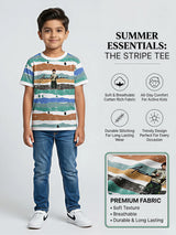 Boys White Multi-Color Striped Graphic T-Shirt
