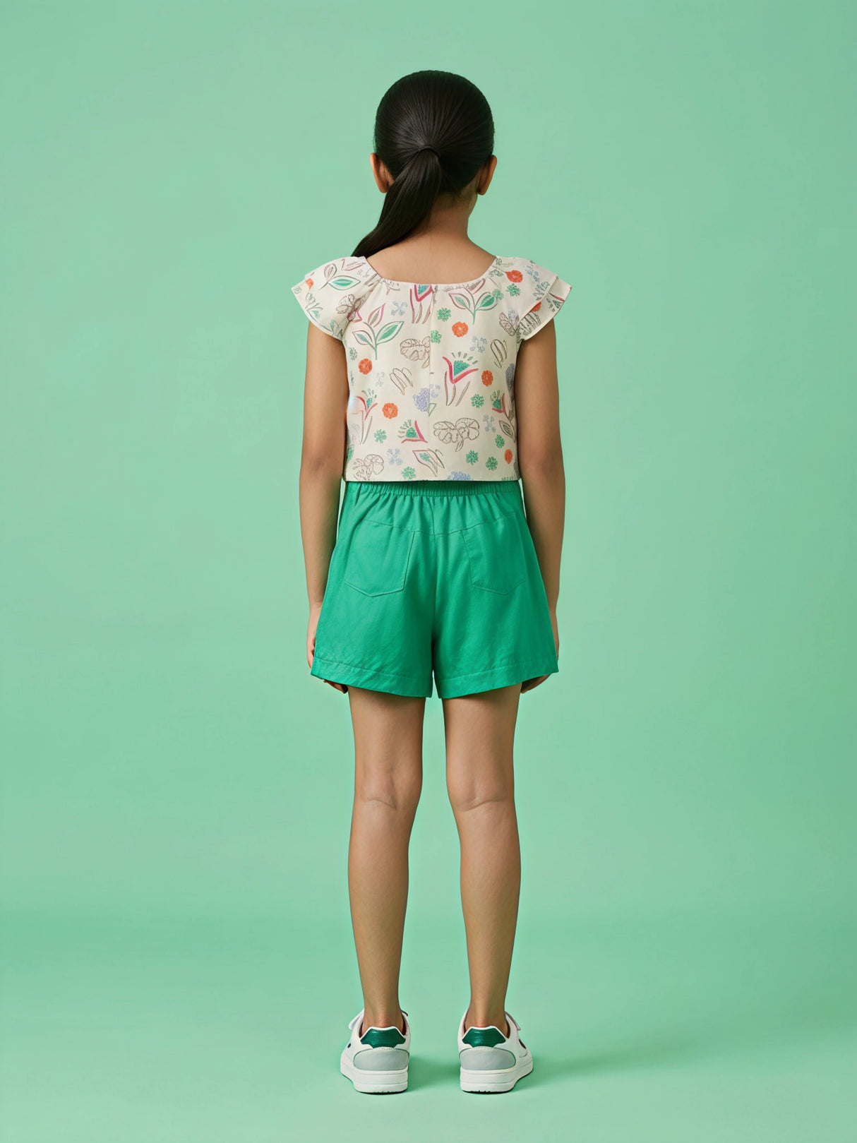 Girls Off-White Printed Top with Green Skirt Set.