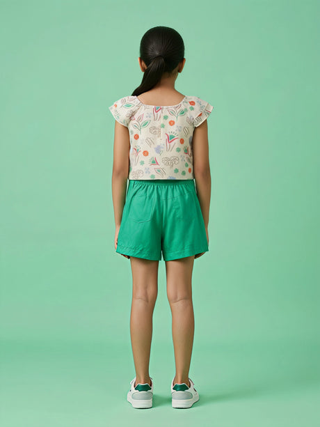 Girls Off-White Printed Top with Green Skirt Set.