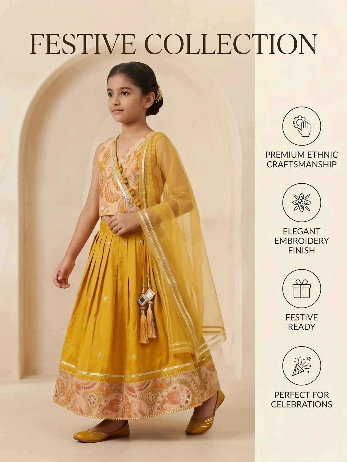 Girls Yellow Printed Lehenga Choli Set.