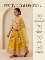 Girls Yellow Printed Lehenga Choli Set.
