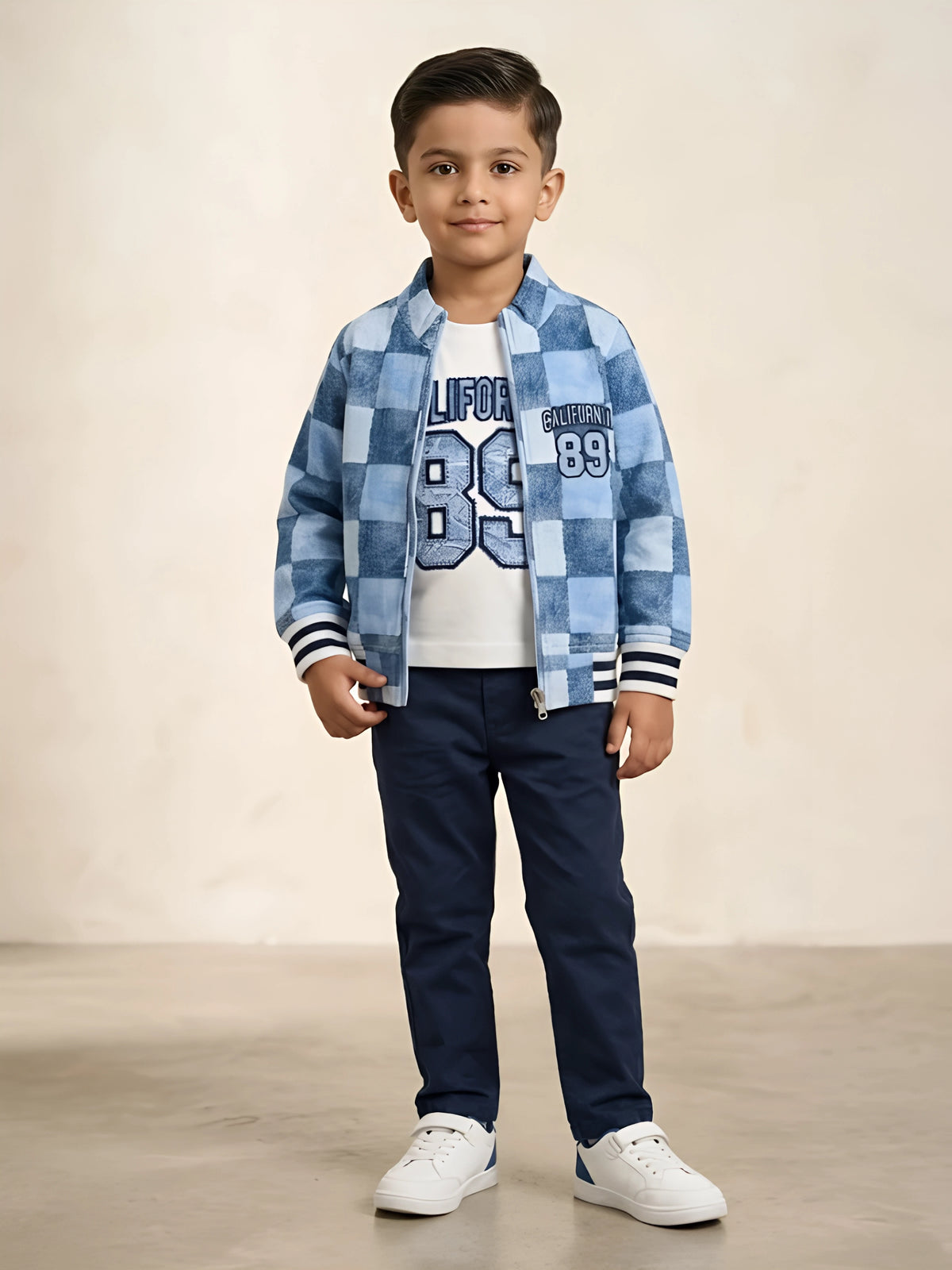 Boys blue checkered casual jacket with front zipper and California 89 print.