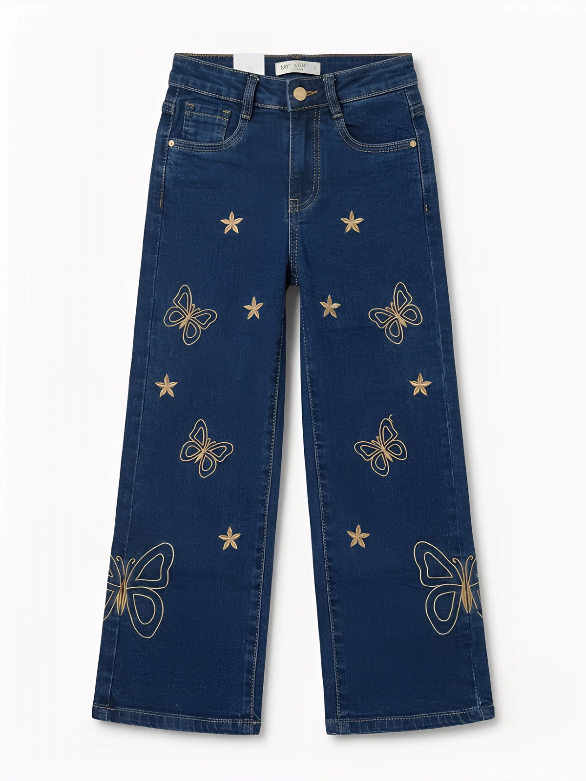Girls Navy Blue Embroidered Wide Leg Casual Pants.