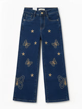 Girls Navy Blue Embroidered Wide Leg Casual Pants.