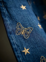 Girls Navy Blue Embroidered Wide Leg Casual Pants.