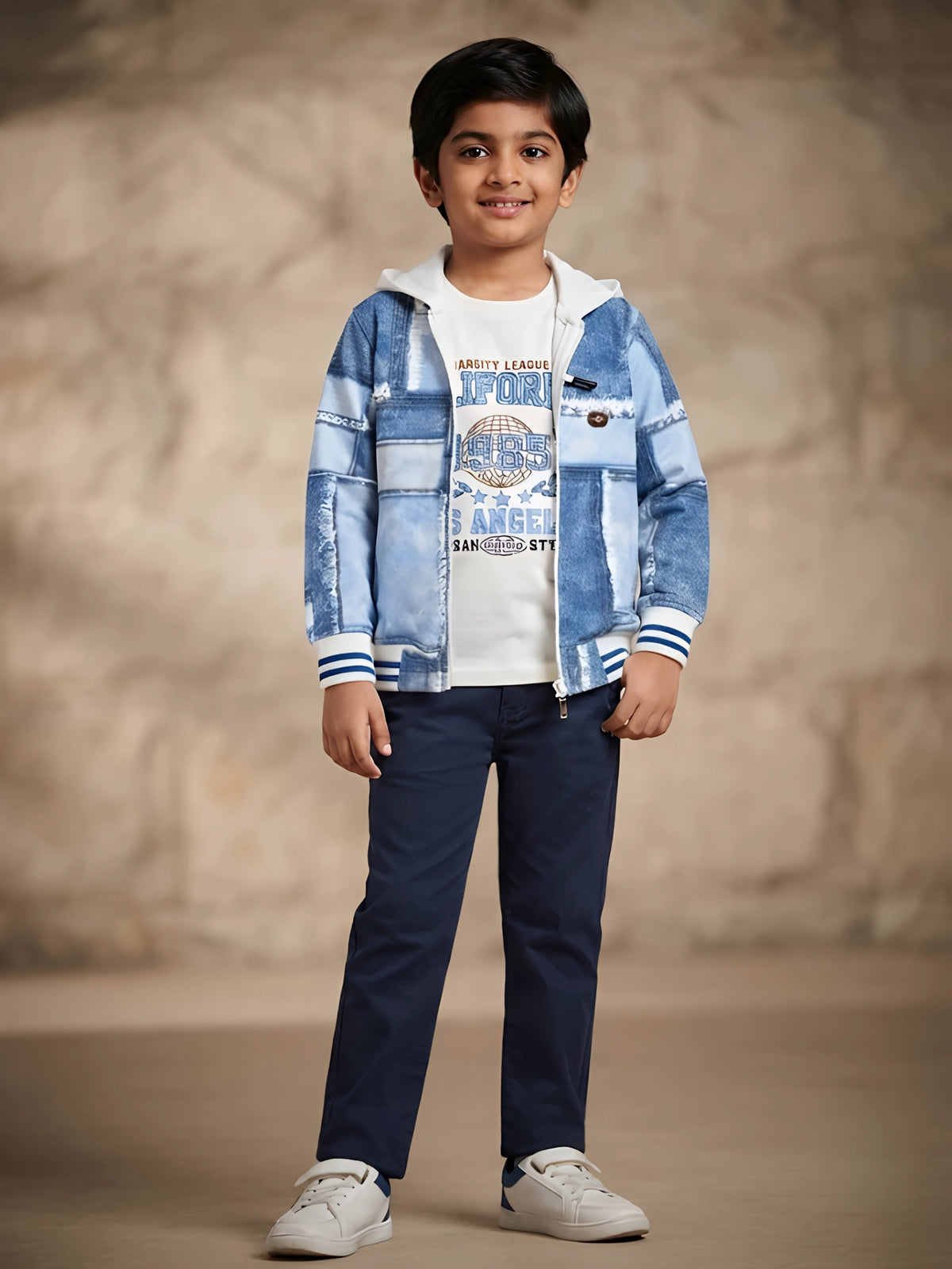 Boys blue denim patchwork print hooded zip-up jacket with contrast white hood