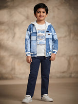 Boys blue denim patchwork print hooded zip-up jacket with contrast white hood
