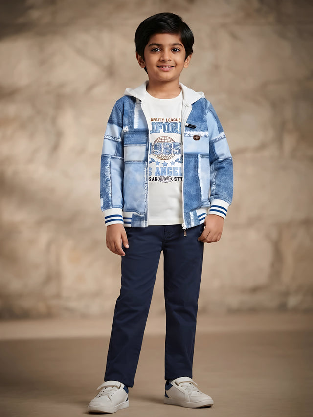 Boys blue denim patchwork print hooded zip-up jacket with contrast white hood