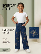Girls Navy Blue Embroidered Wide Leg Casual Pants.