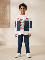 White and navy blue colourblock hooded jacket for boys with graphic patches