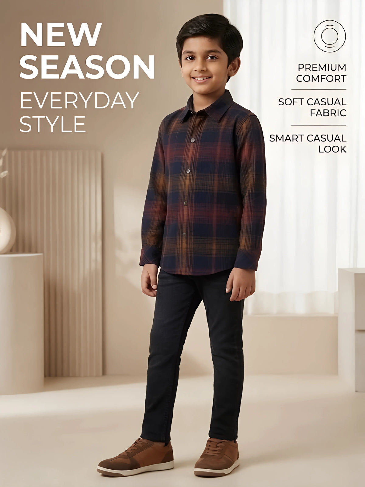 Boys Brown Plaid Full Sleeve Casual Shirt