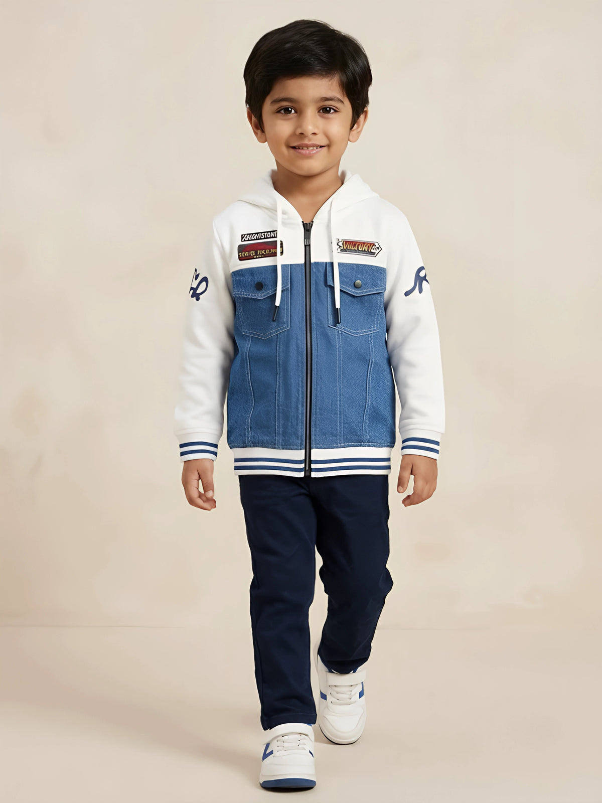 Boys white colorblock hooded jacket with denim style panel and racing patches.