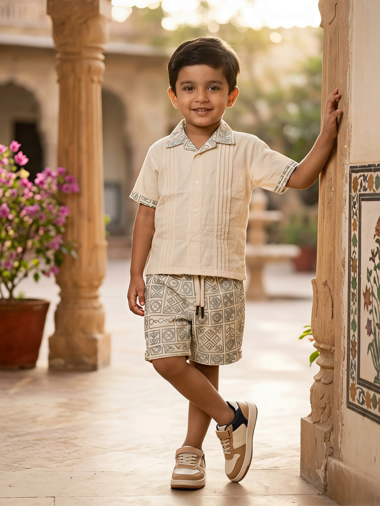 Boys Cream Geometric Print Shorts Set