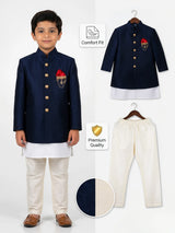 Boys Navy Blue Jodhpuri Sherwani Set with Pocket Square ()