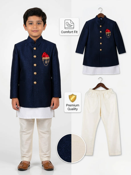 Boys Navy Blue Jodhpuri Sherwani Set with Pocket Square ()