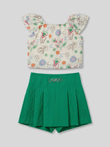 Girls Off-White Printed Top with Green Skirt Set.