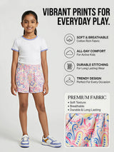 Girls' White Printed Casual Shorts with Pockets