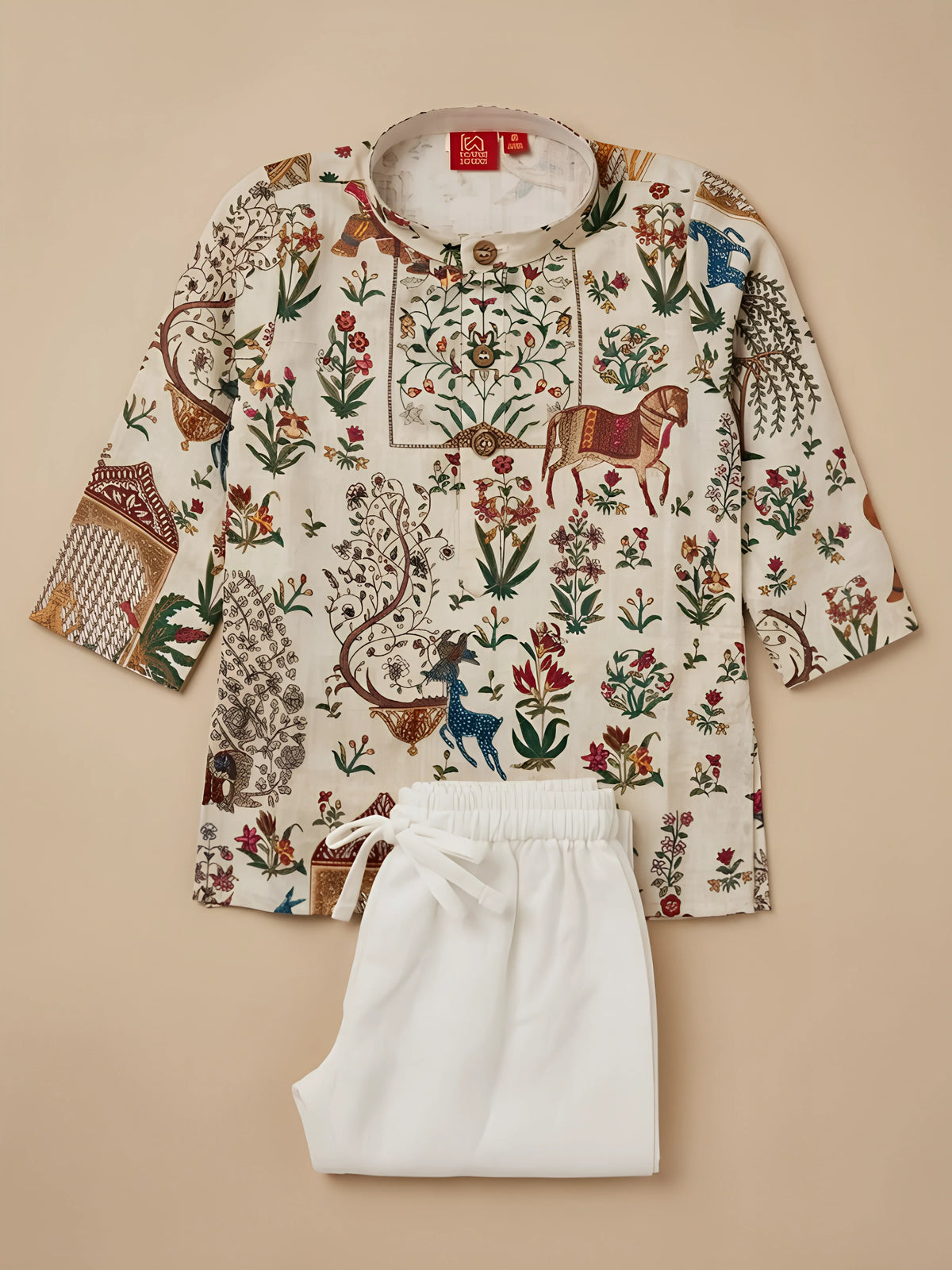 Boys Cream Floral & Animal Print Kurta Set
