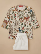 Boys Cream Floral & Animal Print Kurta Set