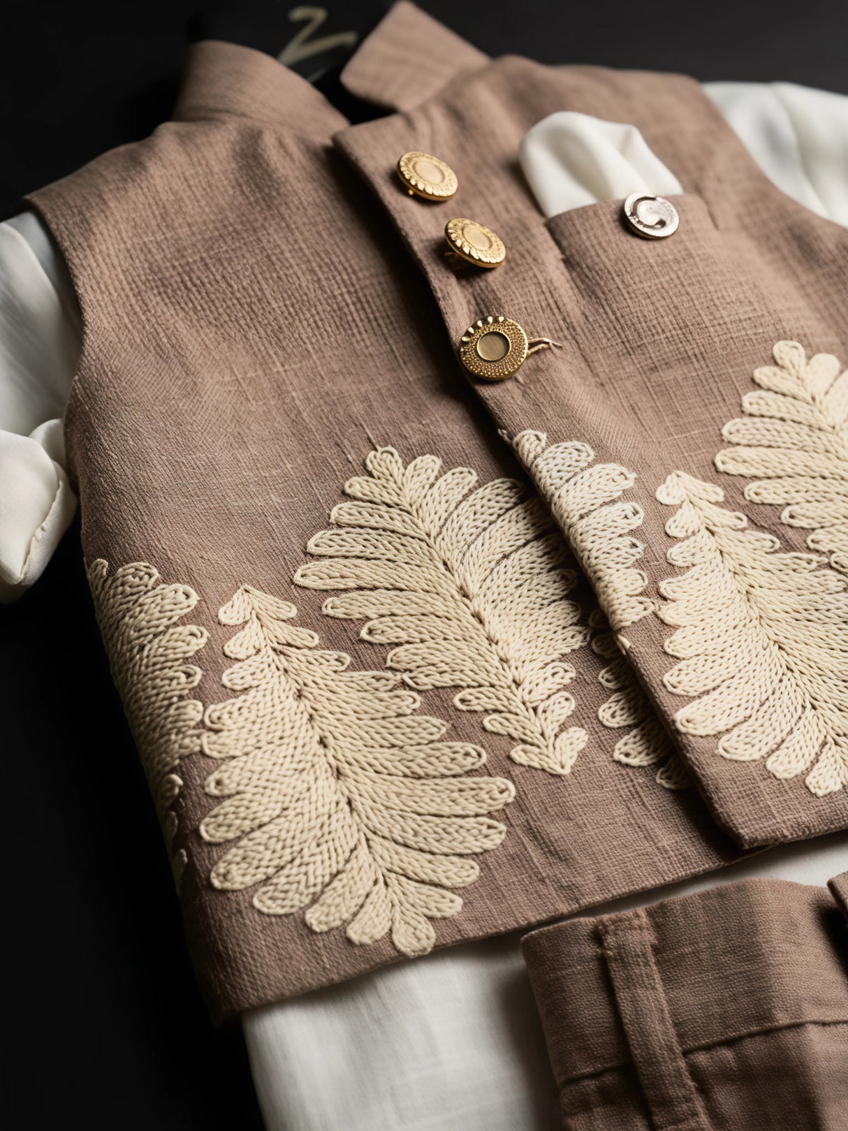 Boys Brown Embroidered Waistcoat with Trousers & Shirt Set
