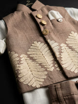 Boys Brown Embroidered Waistcoat with Trousers & Shirt Set