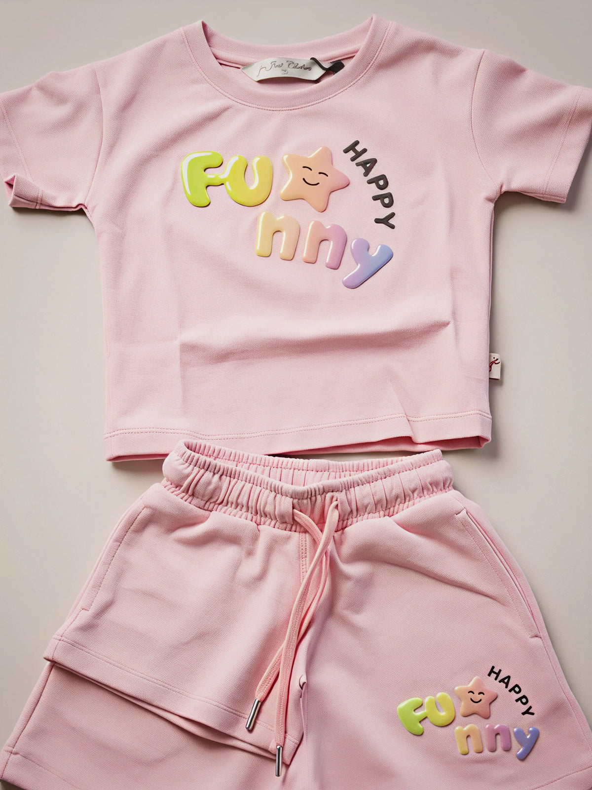 Girls Pink "Funny Happy" Graphic Cotton Shorts Set