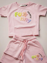 Girls Pink "Funny Happy" Graphic Cotton Shorts Set