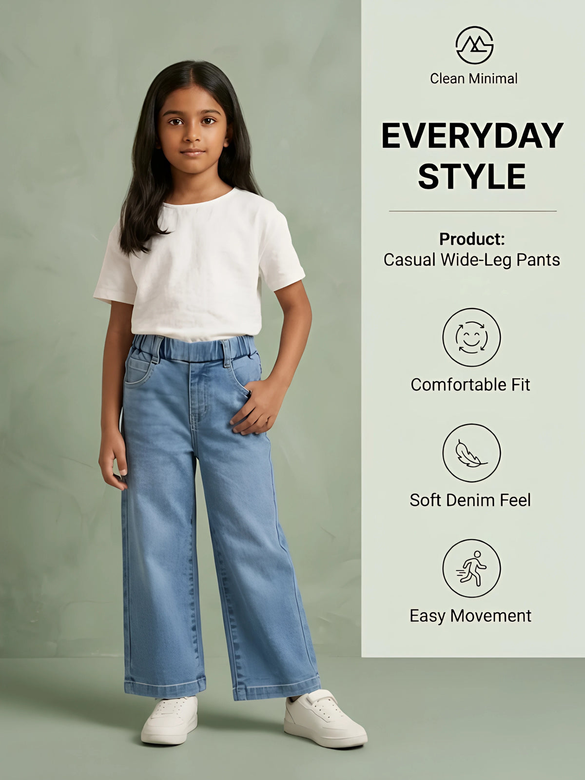 Girls Light Blue Wide Leg Casual Pants.