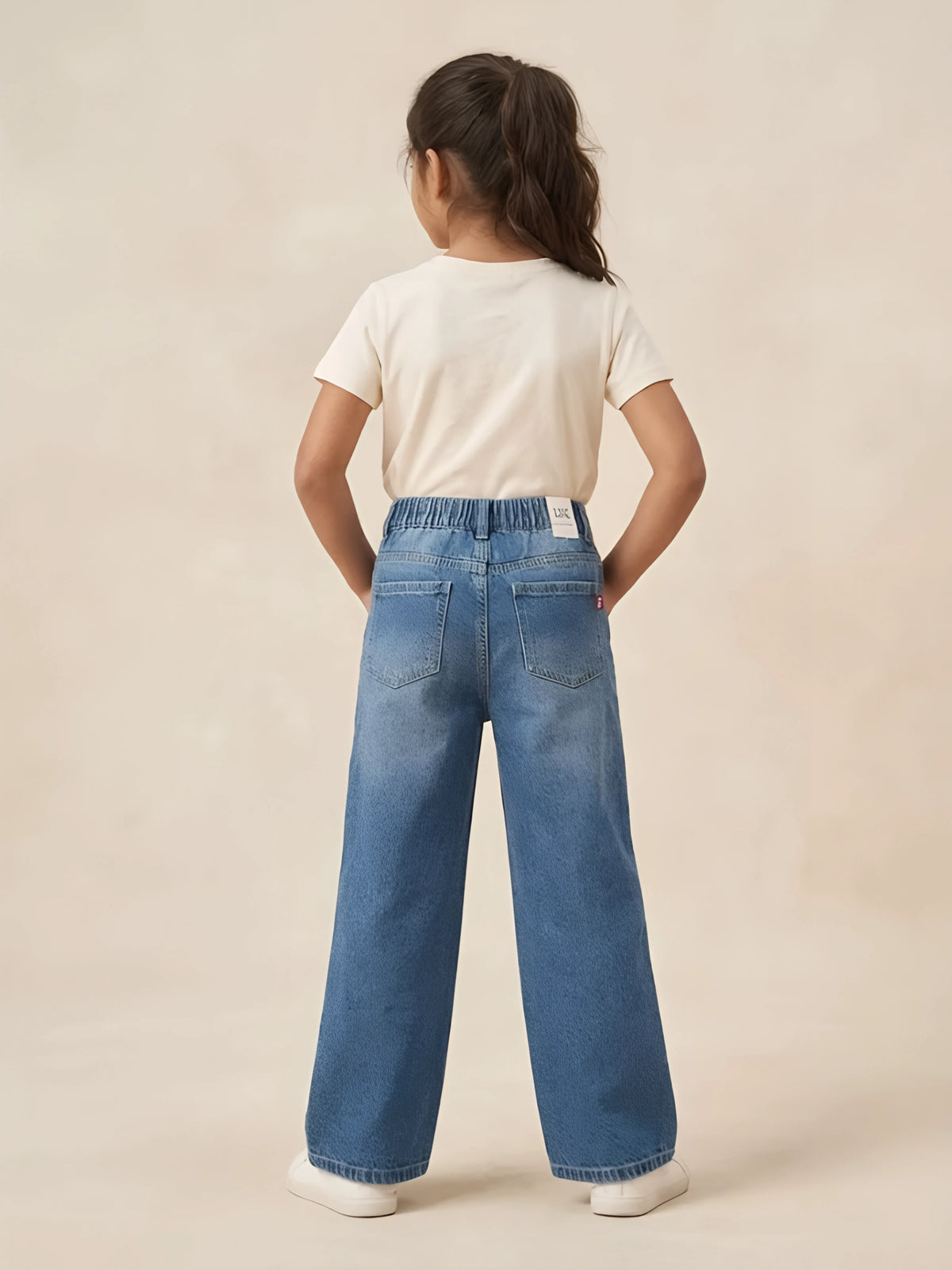Girls Light Blue Embroidered Wide Leg Casual Pants.