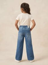 Girls Light Blue Embroidered Wide Leg Casual Pants.