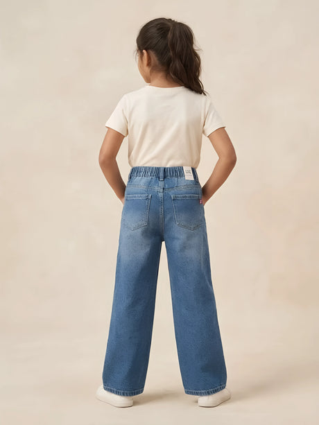 Girls Light Blue Embroidered Wide Leg Casual Pants.