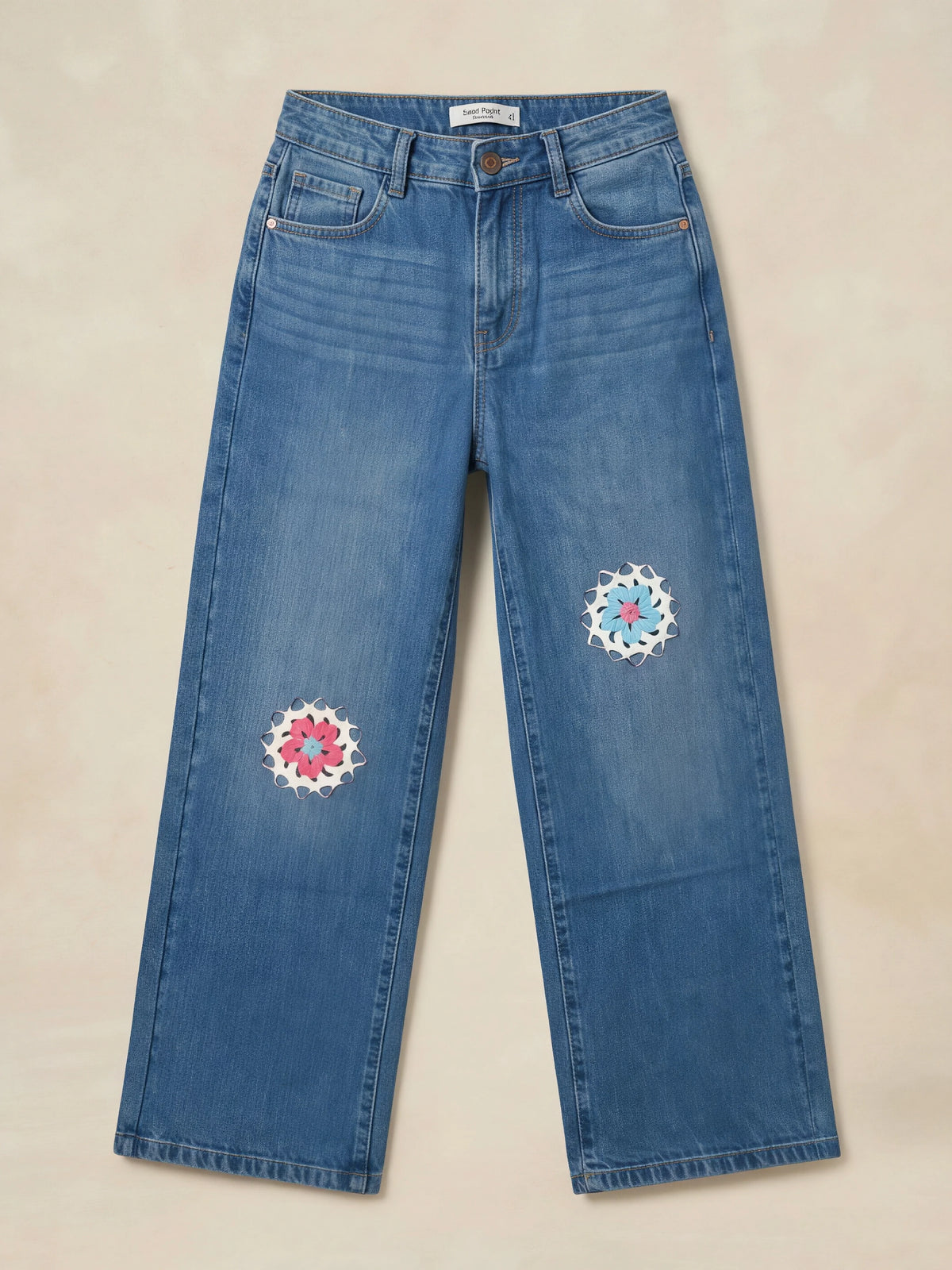Girls Light Blue Embroidered Wide Leg Casual Pants.