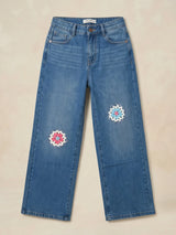 Girls Light Blue Embroidered Wide Leg Casual Pants.