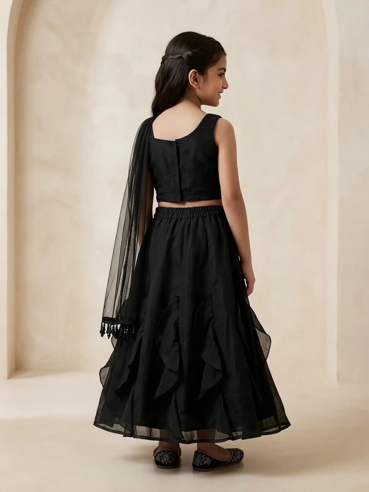 Girls Black Sequined Choli Lehenga Set.