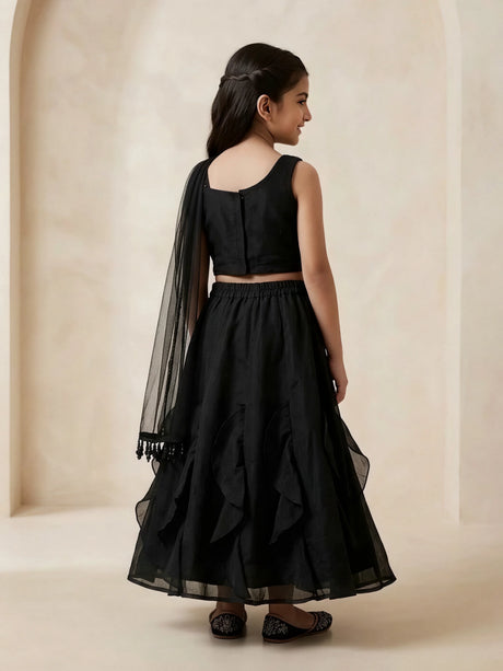 Girls Black Sequined Choli Lehenga Set.