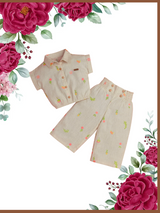 Cream Floral Embroidered Co-Ord Set for Girls