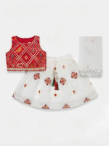 Red Solid Top and White Choli Set for Girls