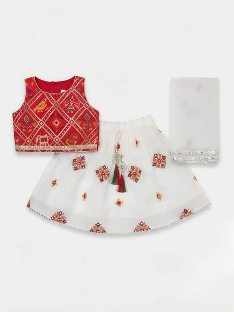 Red Solid Top and White Choli Set for Girls.