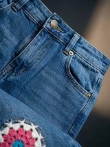Girls Light Blue Embroidered Wide Leg Casual Pants.