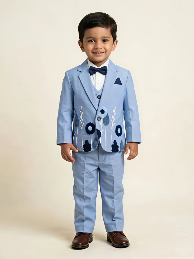 Boys light blue embroidered coat suit set with vest, bow tie, and matching trousers