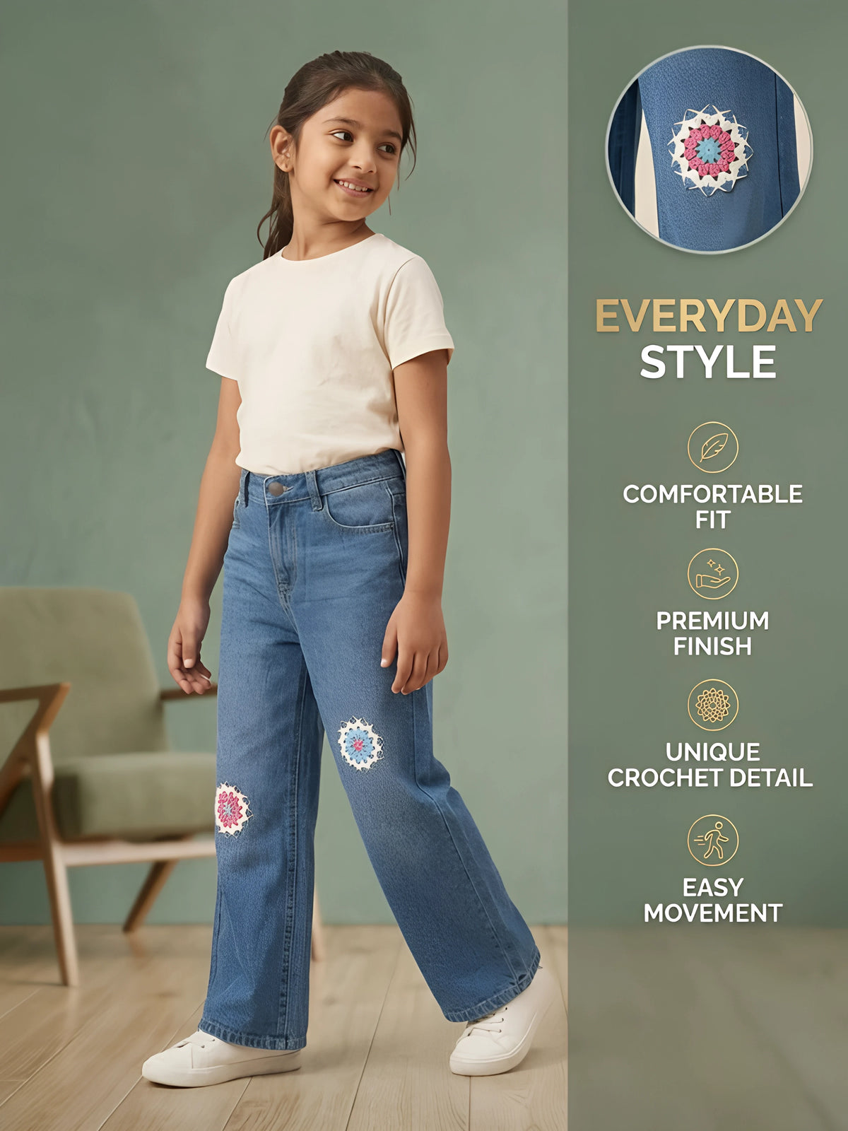 Girls Light Blue Embroidered Wide Leg Casual Pants.