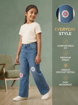 Girls Light Blue Embroidered Wide Leg Casual Pants.