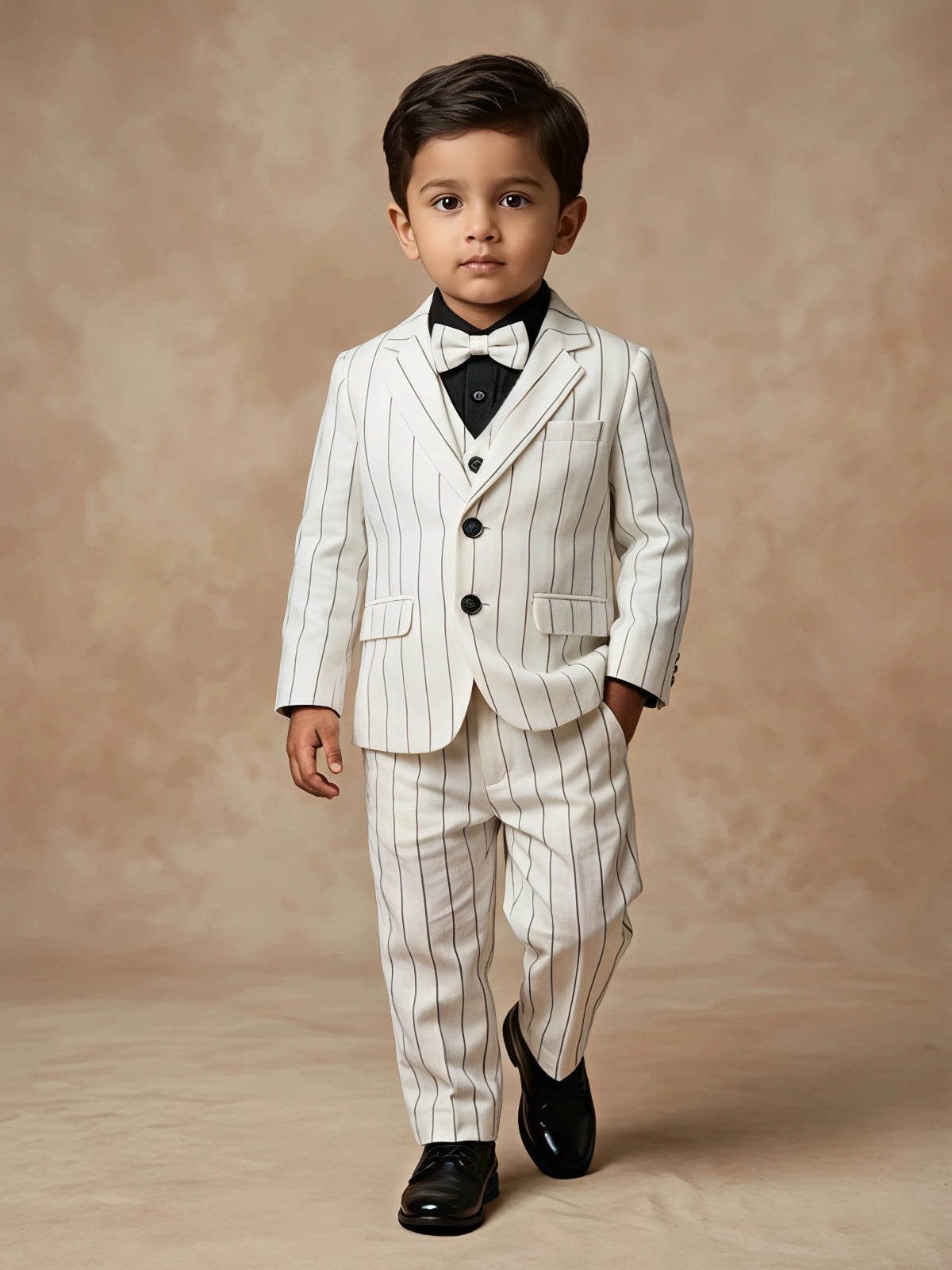 Young boy wearing a white pinstriped coat suit set with blazer, waistcoat, black shirt, and matching bow tie