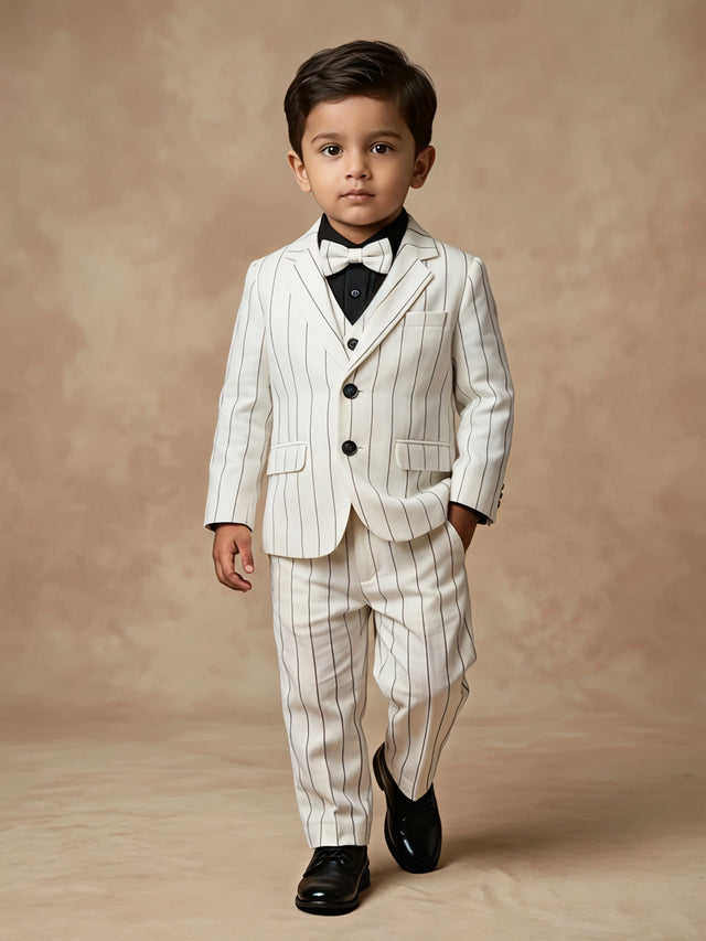 Young boy wearing a white pinstriped coat suit set with blazer, waistcoat, black shirt, and matching bow tie